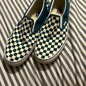 Vans Teal and Cream Checkerboard Slip-Ons
